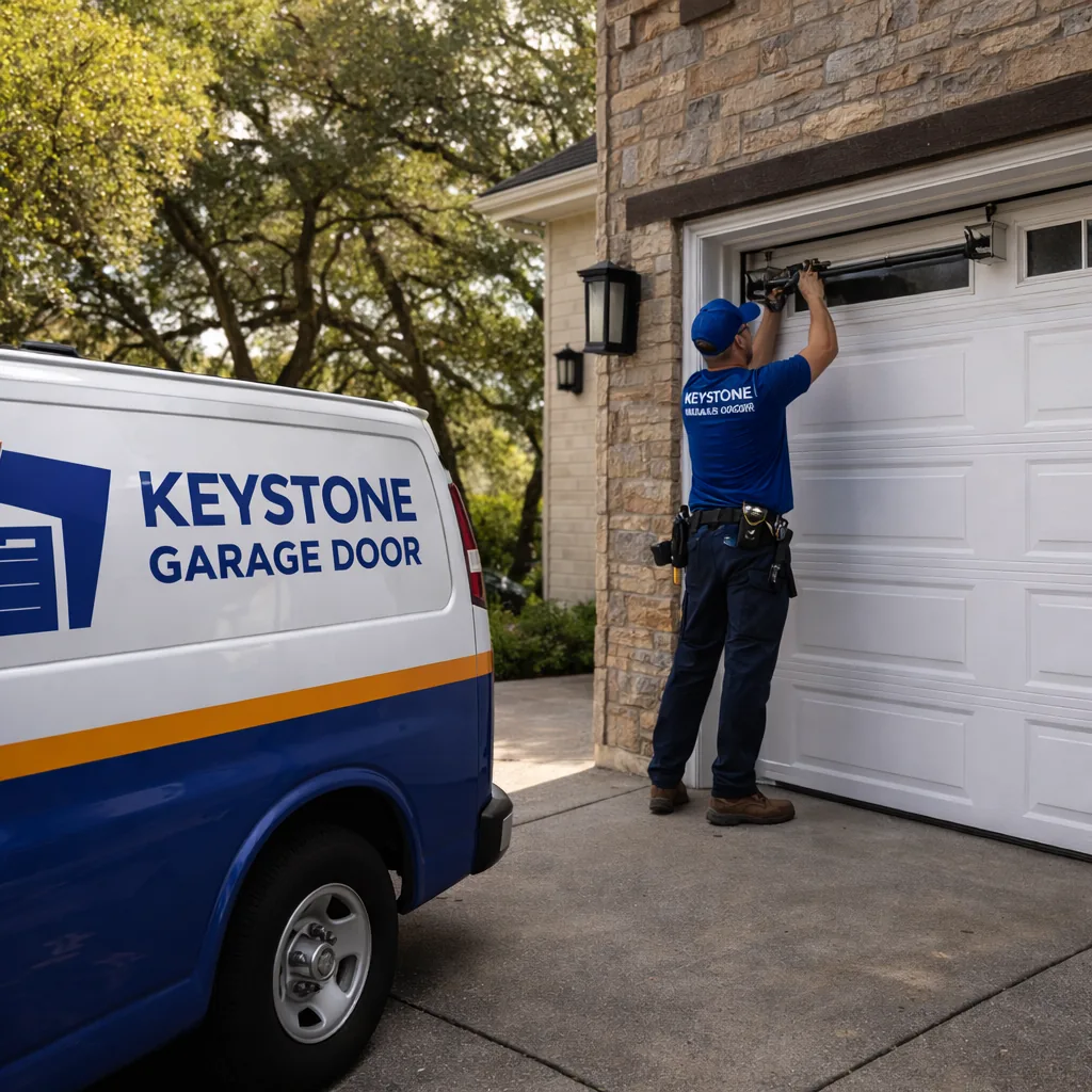 A Keystone technician repairing a large sectional garage door on a custom home driveway in Granite Bay, with mature oak trees in the background.