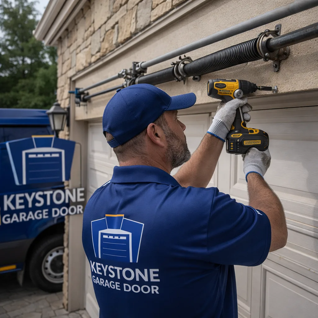 A Keystone technician inspecting torsion springs mounted above a wide double garage door on a custom Granite Bay home.