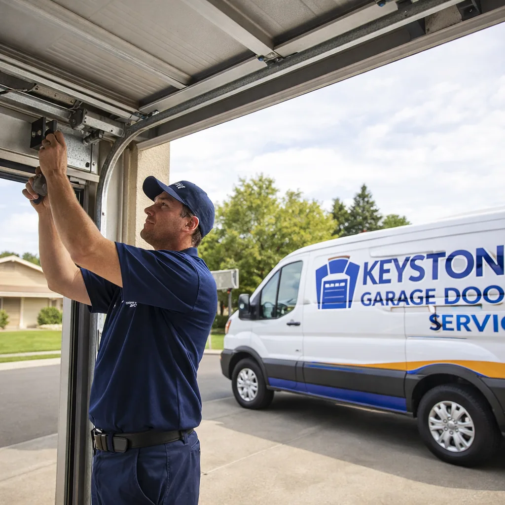 A Keystone Garage Door Service technician in a branded uniform working on an open sectional steel garage door in a Sacramento driveway, service truck parked nearby.