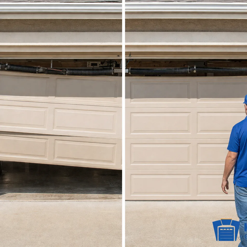 Side-by-side of a Roseville garage door before repair, springs broken and door sagging, and after, level with new springs and cables seated correctly.
