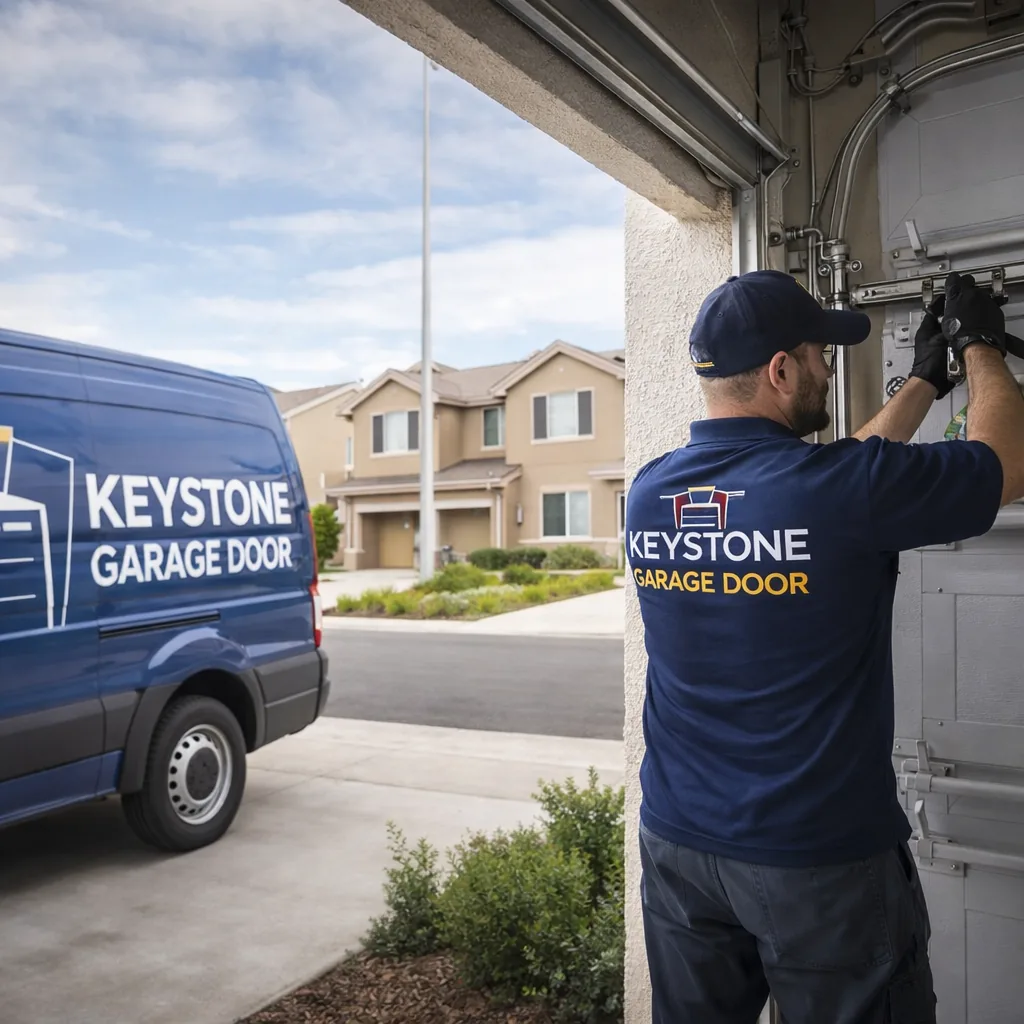 A Keystone technician in a branded uniform repairing a residential sectional garage door in a Roseville driveway, newer builder-grade tract homes visible along the street.