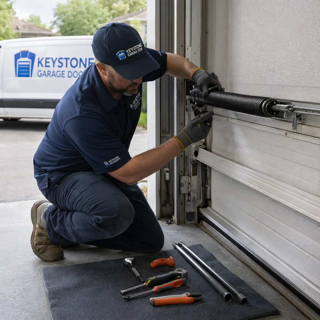 A technician kneeling beside an open garage door in a Roseville garage, inspecting a torsion spring with tools laid out on a mat.