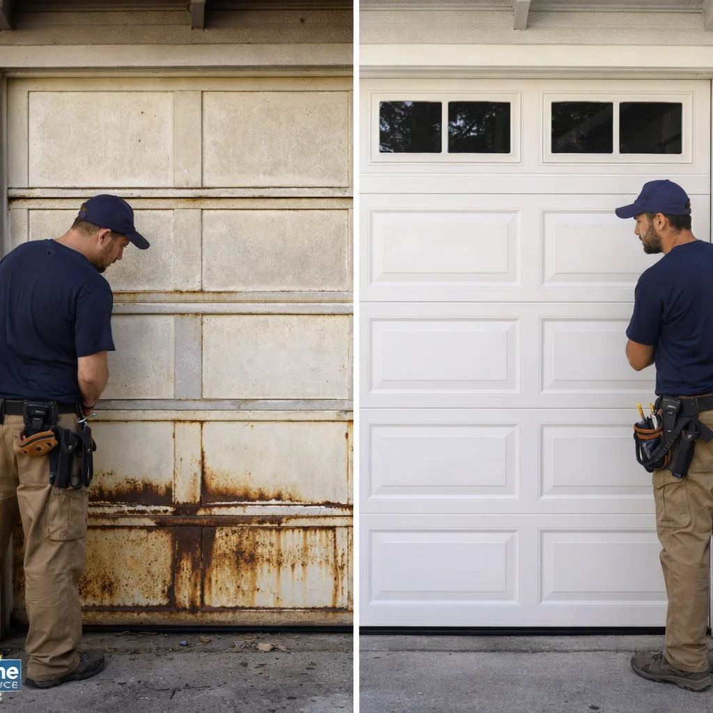Side-by-side of a worn, rusted garage door before replacement and a new sectional door installed and balanced after.