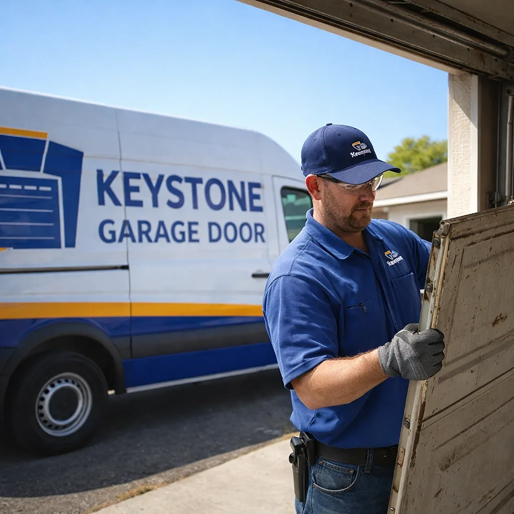 A Keystone technician removing an old, worn garage door panel from the track in preparation for a full replacement on a Sacramento home.