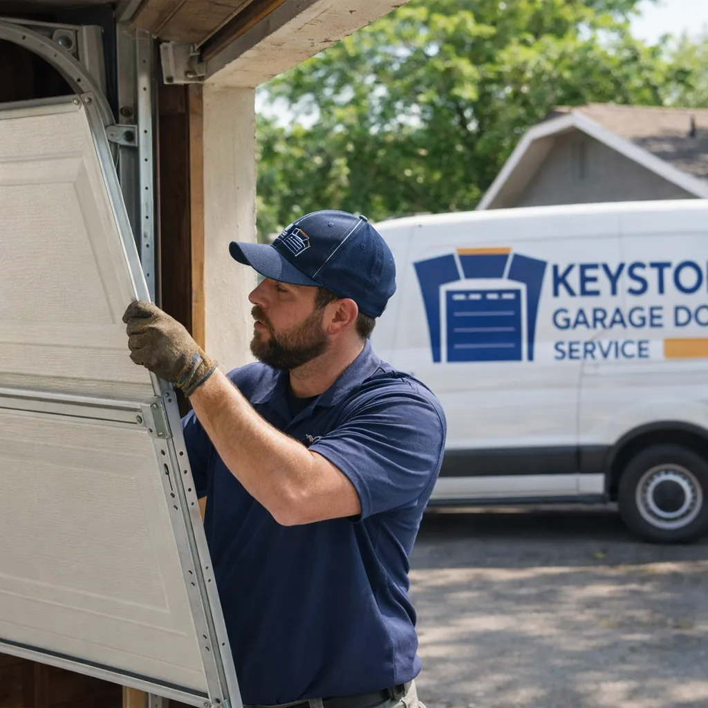 A new sectional garage door panel being lifted into track guides during a full door replacement.