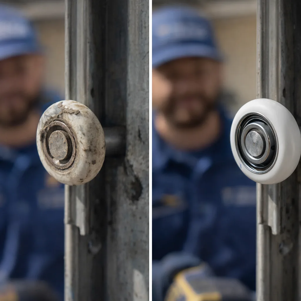 Side-by-side of a worn, chipped garage door roller still in its track and a new sealed ball-bearing roller installed in the same spot.