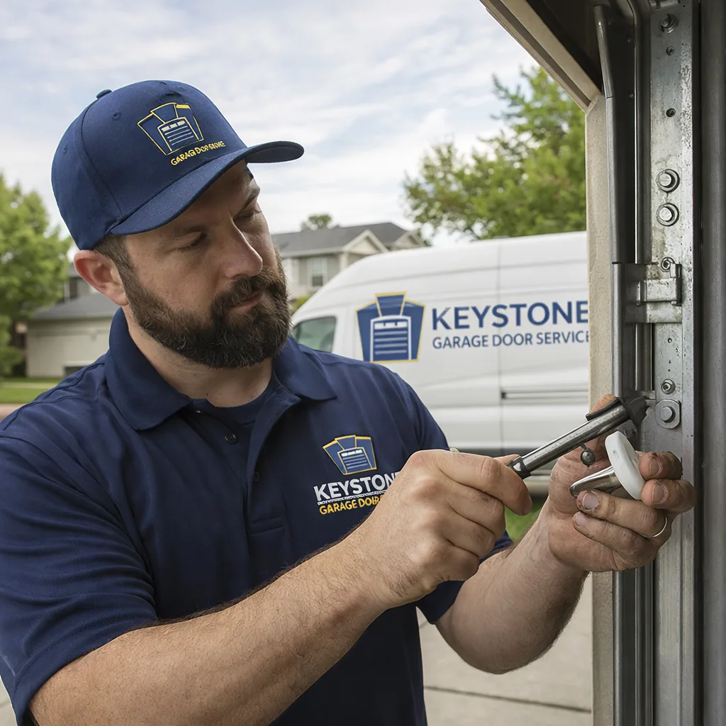A Keystone technician replacing a worn roller on a residential garage door track in a Sacramento driveway, old roller in hand next to a new nylon replacement.