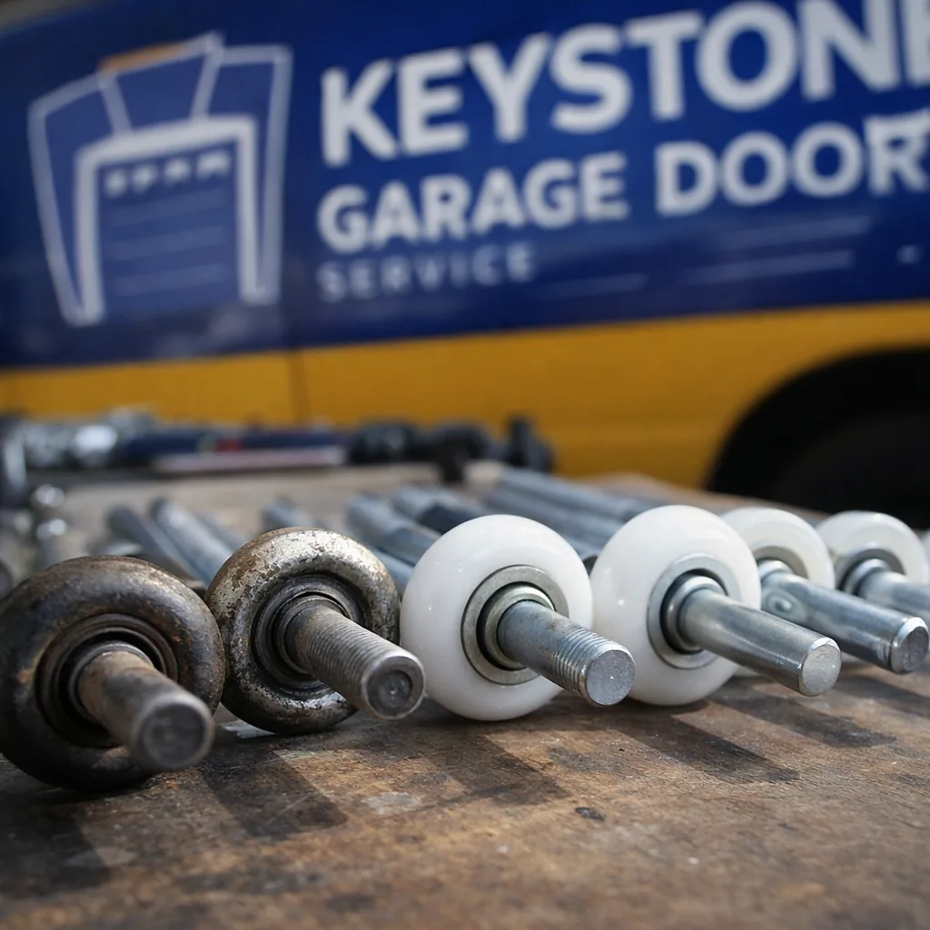 Detail shot of several garage door rollers lined up on a workbench, showing the difference between a worn steel roller and a new nylon roller.