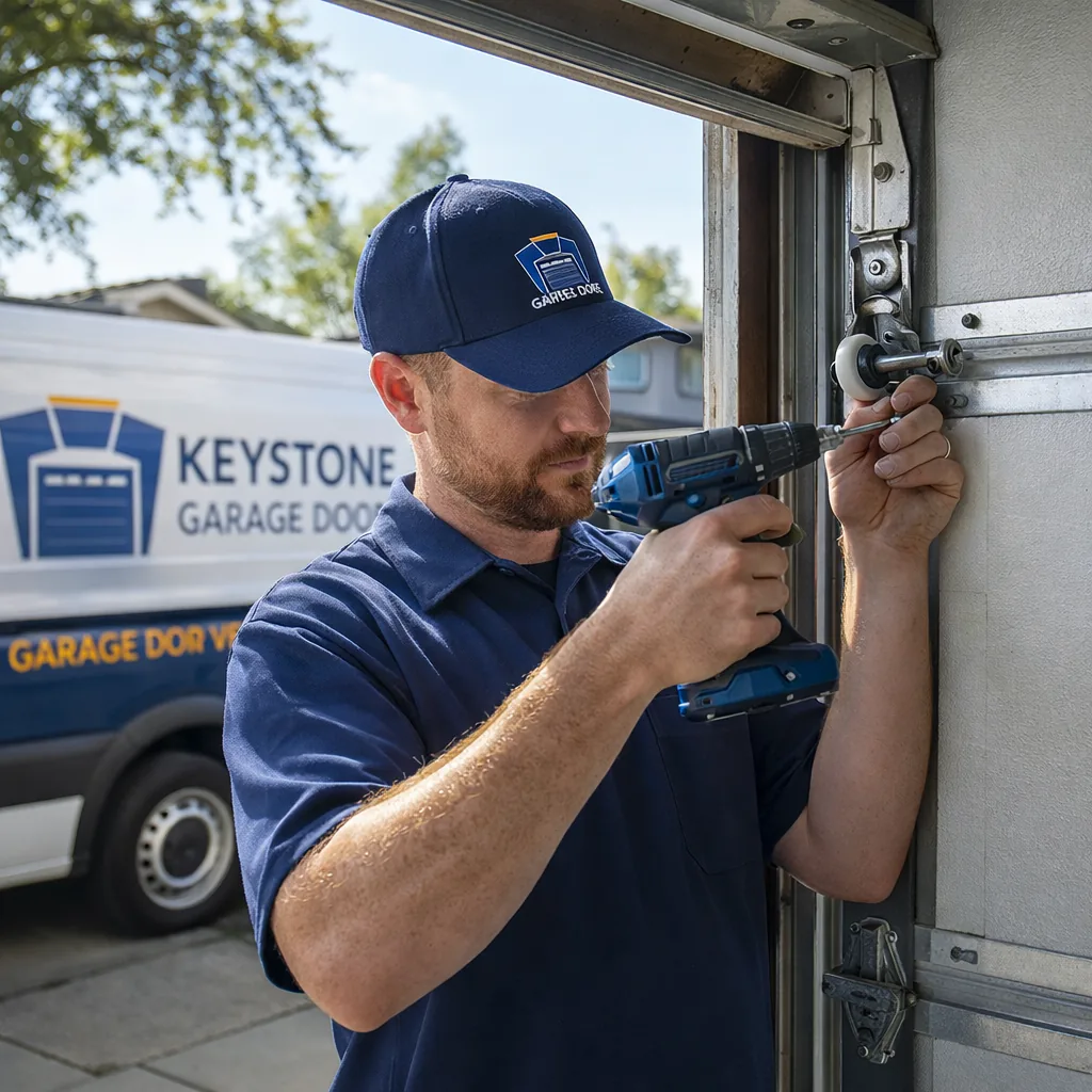 A Keystone Garage Door technician replacing a nylon roller on the track of a residential sectional garage door, hinge and bracket exposed.