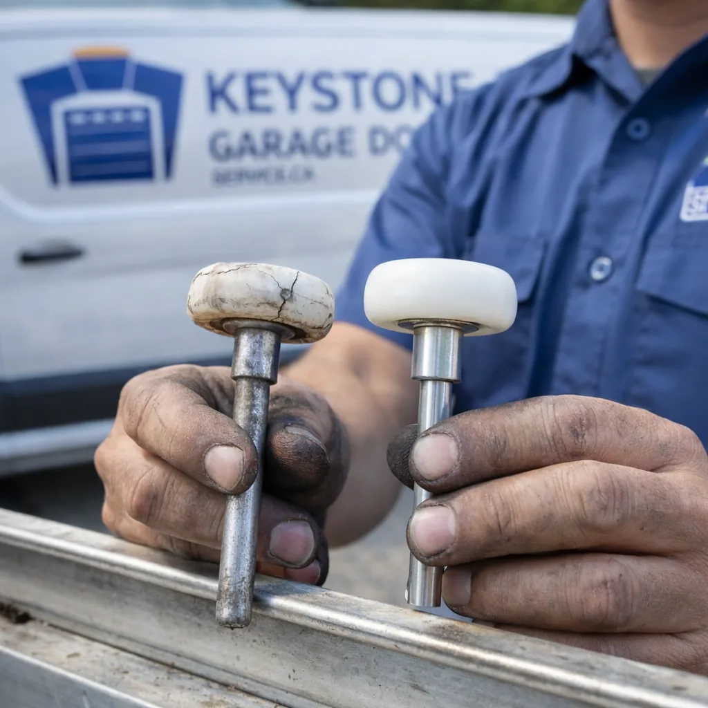 Close-up of a worn, cracked nylon garage door roller next to a new replacement roller, held side by side over the door track.