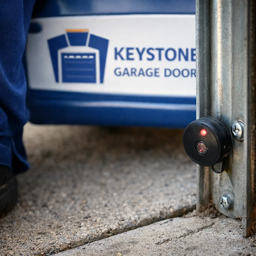 Detail shot of a small round photo-eye sensor with a faint LED indicator, mounted a few inches above a concrete garage floor beside the door track.