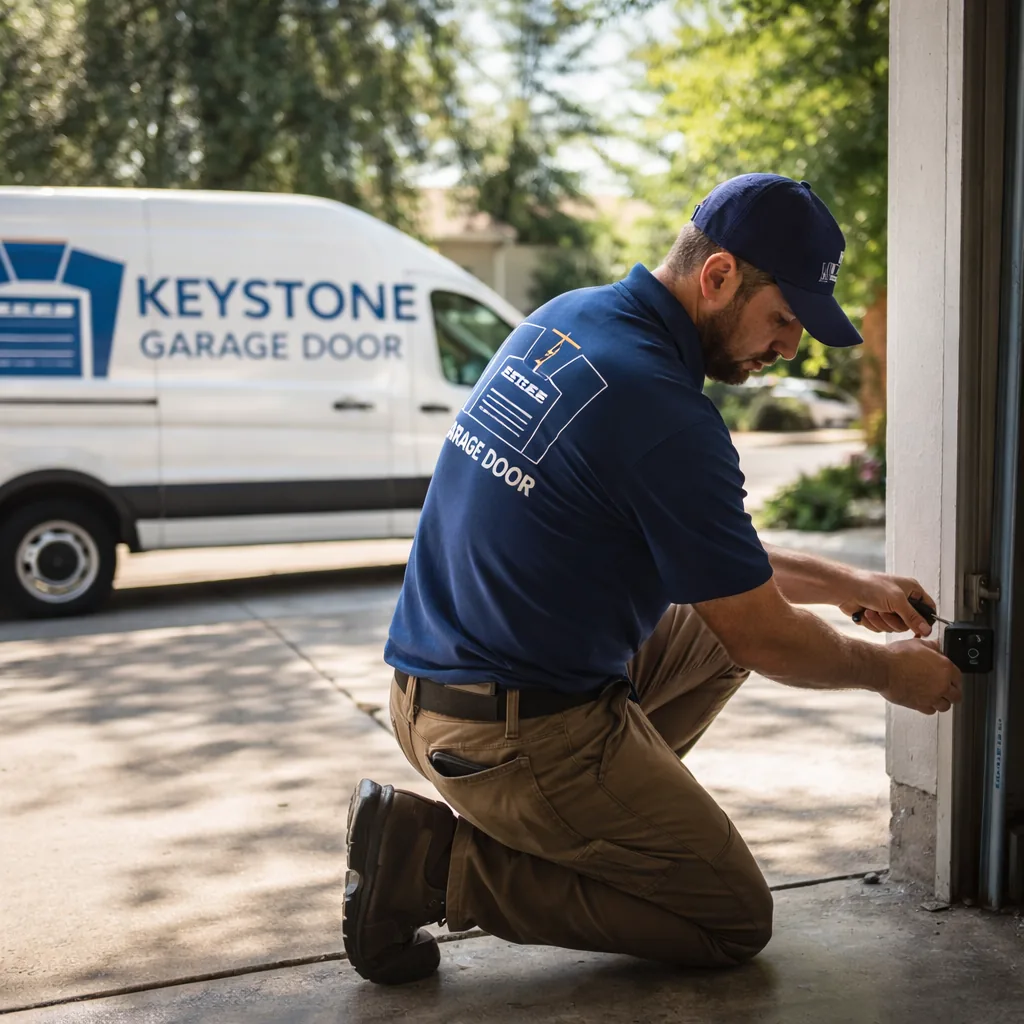 A Keystone Garage Door technician kneeling at the base of an open residential garage door in a Sacramento driveway, adjusting a small photo-eye sensor bracket mounted near the floor.