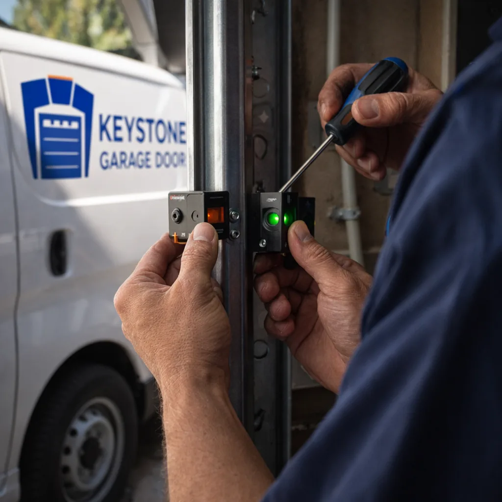 Close-up of a technician's hands aligning two small photo-eye sensors mounted on either side of a garage door track, one sensor showing a steady green LED.