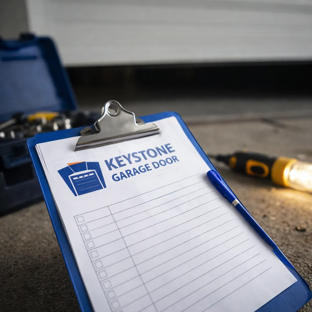 A Keystone service checklist clipboard resting on a garage floor next to an open toolbox and inspection light, door partially open in the background.
