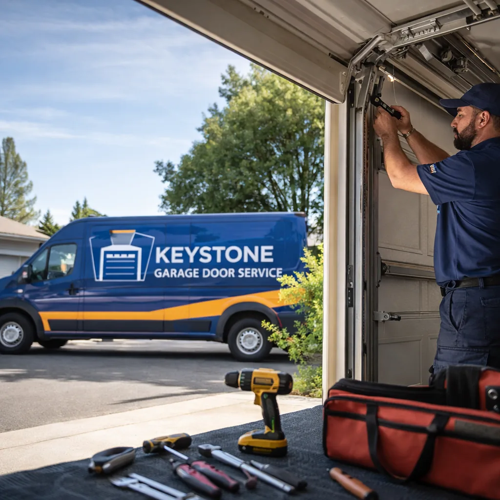 A Keystone technician in a branded uniform working on an open sectional garage door in a Sacramento driveway with tools laid out on a mat.