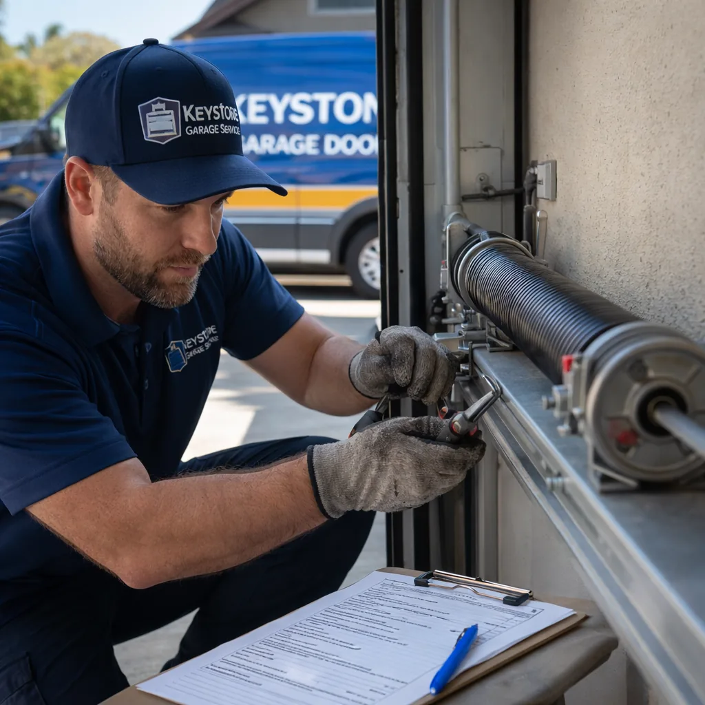 A technician kneeling to inspect the torsion spring and cable drum on an open garage door with a clipboard checklist nearby.