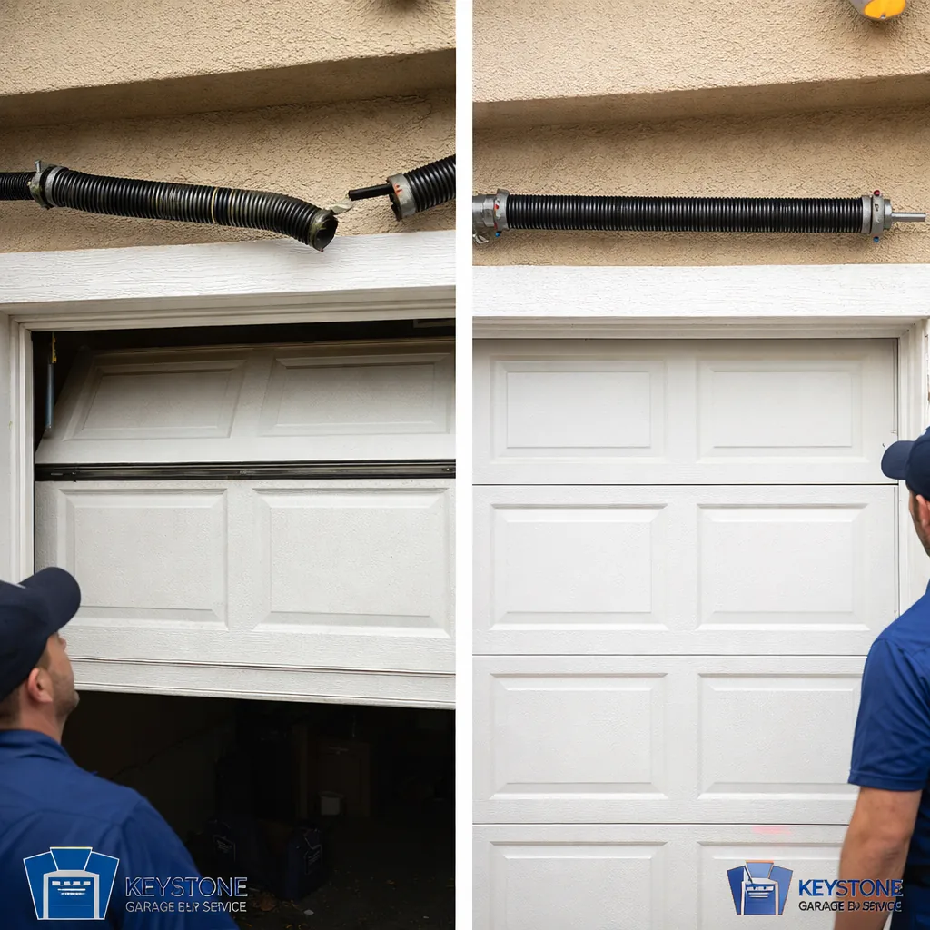 Side-by-side of a garage door with a visibly broken, gapped torsion spring next to the same door after the spring has been replaced and the door sits level.