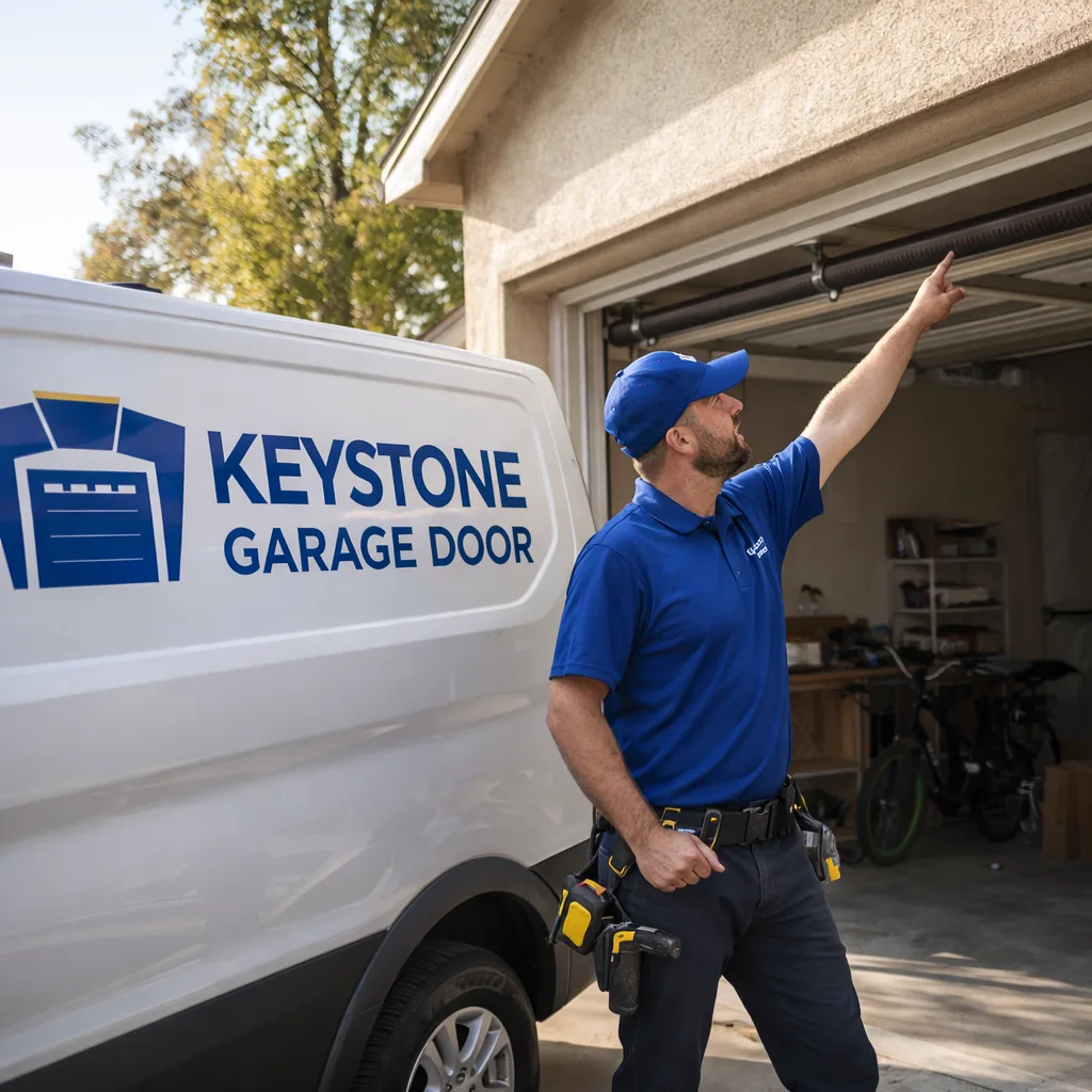A Keystone Garage Door Service technician standing beside an open residential garage, pointing to an overhead torsion spring above the door.