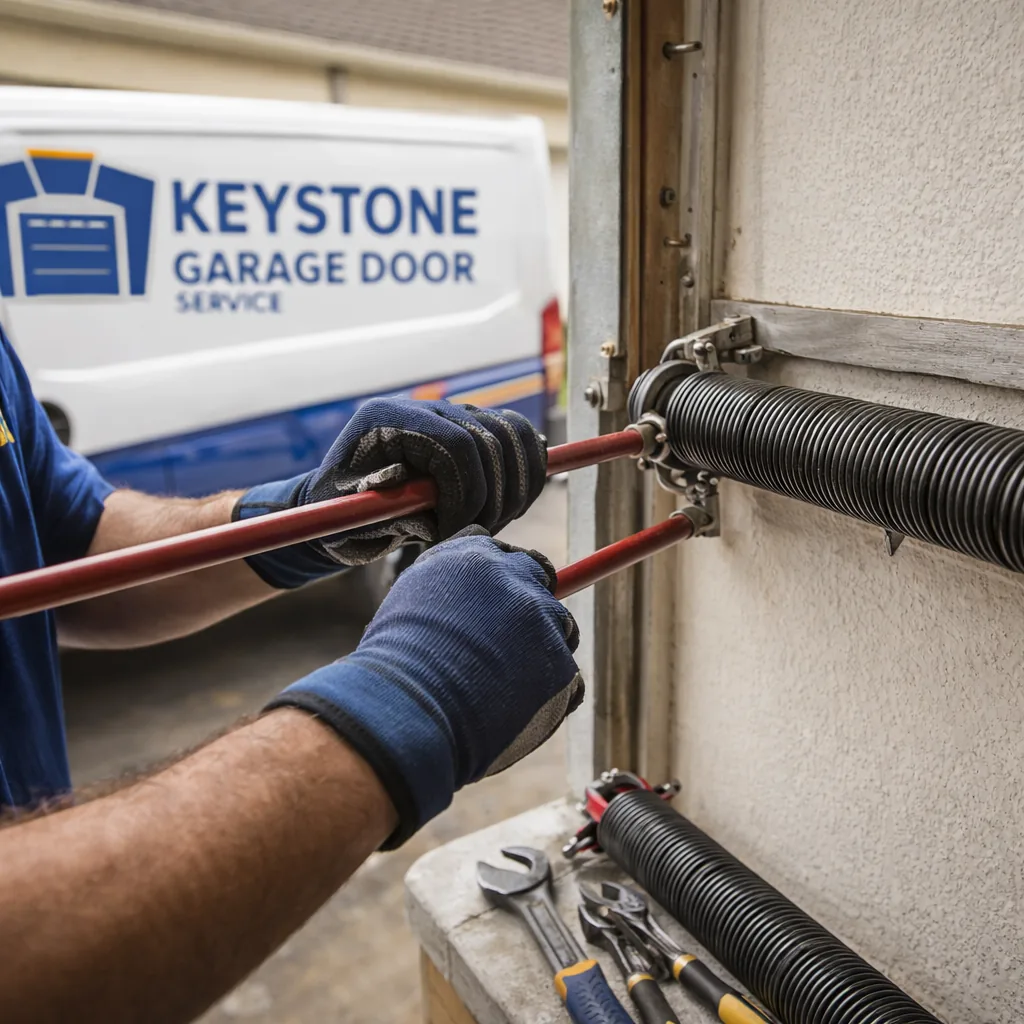 Close-up of a technician's gloved hands using winding bars on a torsion spring mounted above a garage door, tools and a replacement spring visible nearby.