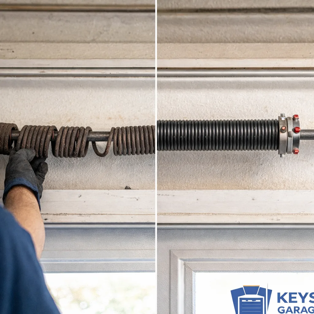Side-by-side of an old, stretched, gapped garage door spring next to a new correctly sized torsion spring installed on the same door.