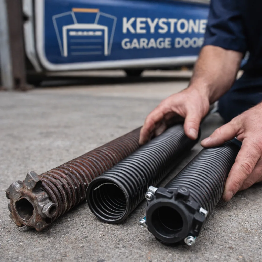 Close-up of a Keystone technician comparing an old broken torsion spring against a new replacement spring laid side by side on a garage floor.