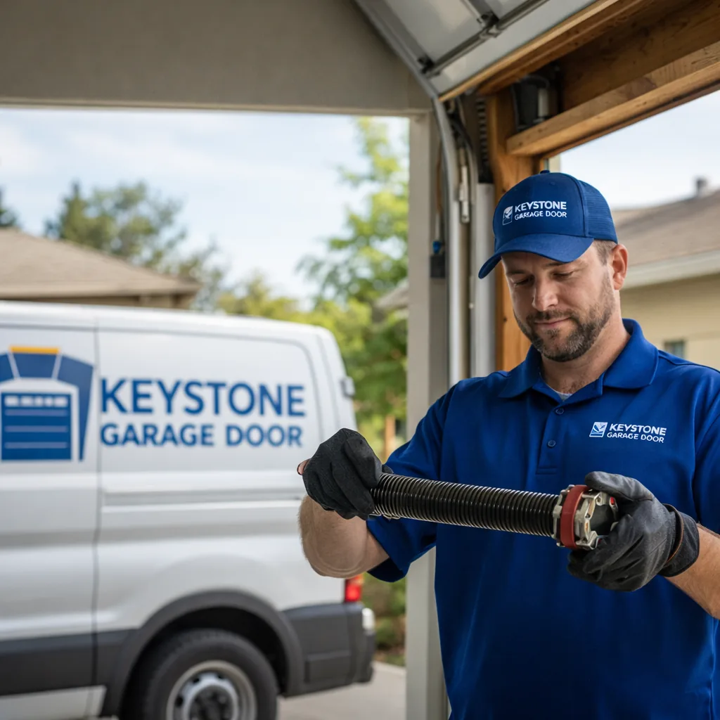 A Keystone technician holding a new torsion spring next to an open garage door header, checking it against the winding cone before installation on a Sacramento home.