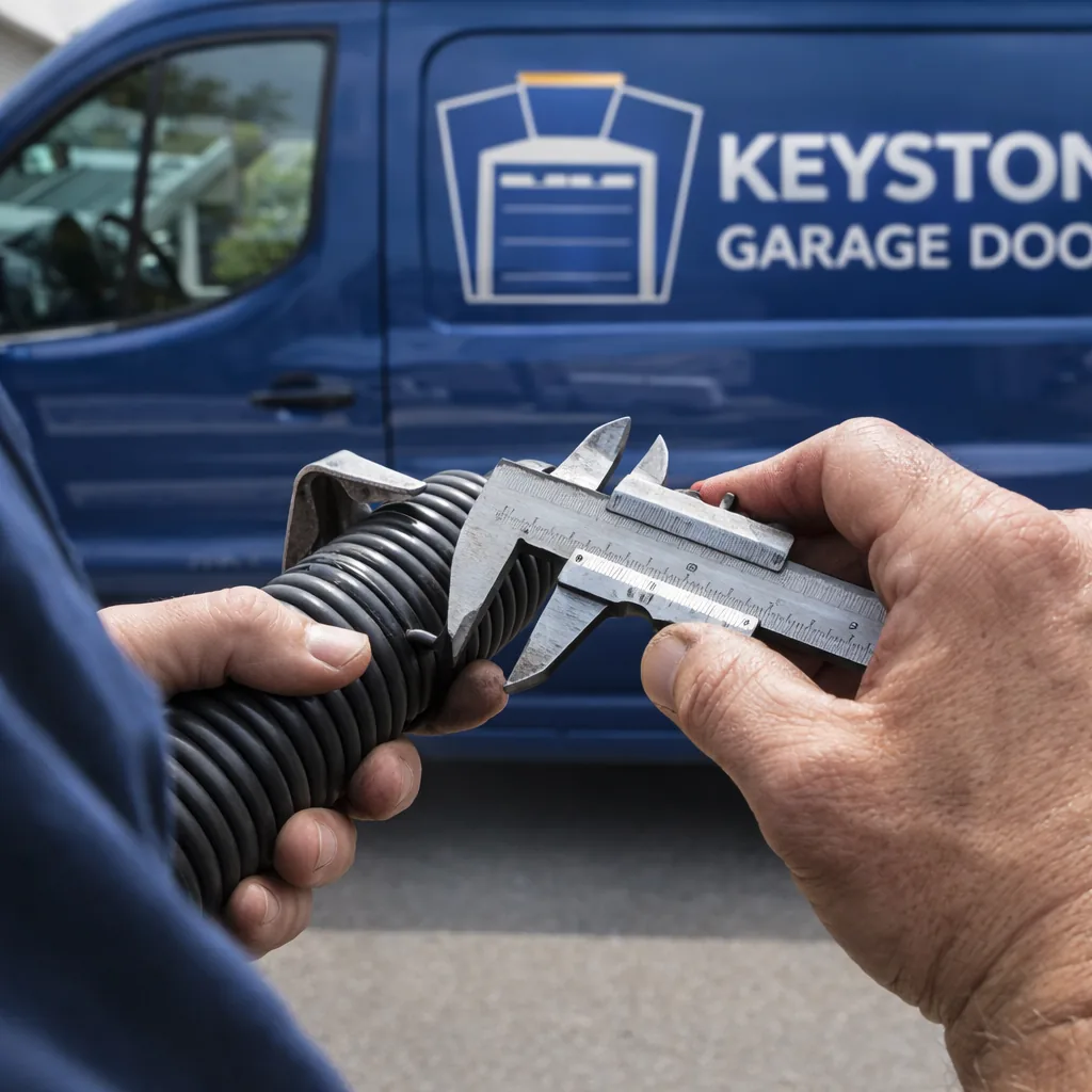 A technician's hands measuring a torsion spring's coil length and wire diameter with calipers before ordering the replacement part.