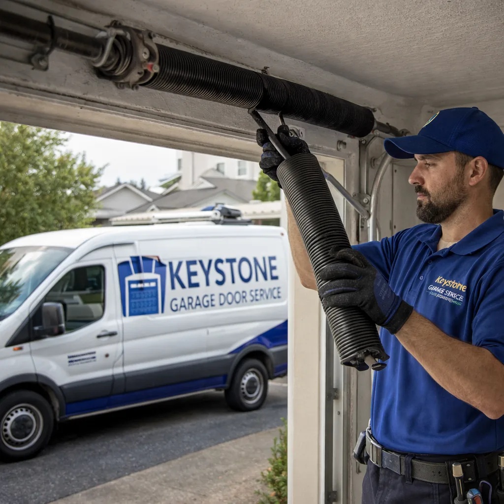 A Keystone Garage Door Service technician installing a new torsion spring on the shaft above a residential garage door, replacement spring visible in his hands.
