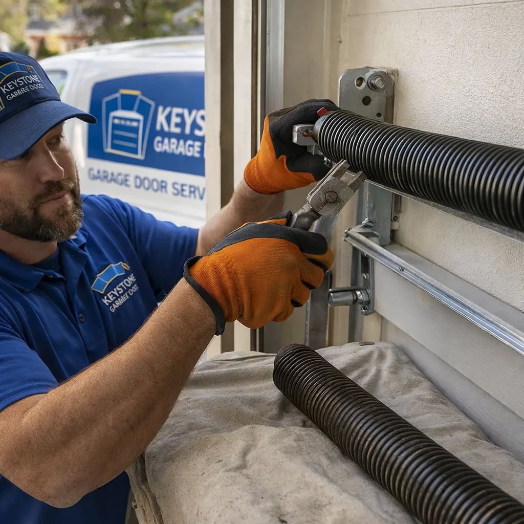 Close-up of a new torsion spring being set onto the shaft bracket above a garage door, with the old worn spring set aside on a drop cloth.