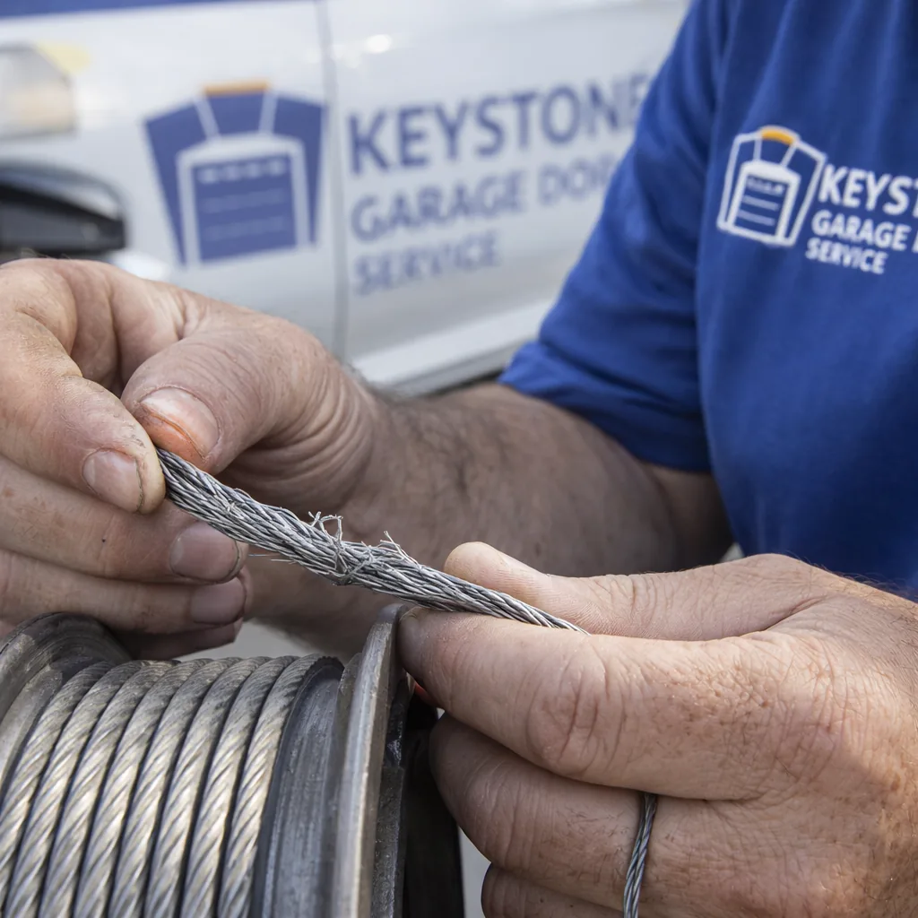 Close-up of a technician's hands inspecting a lift cable and drum for fraying on a residential garage door.