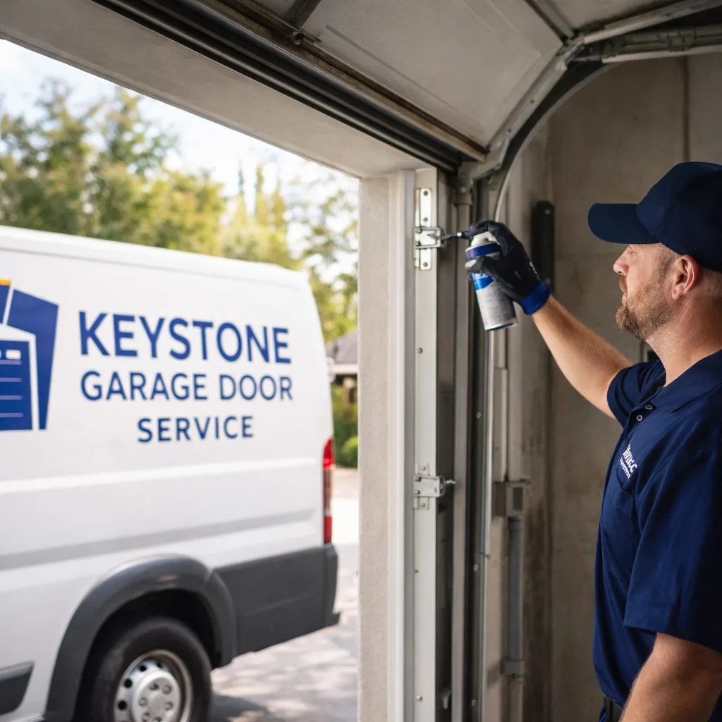 A Keystone technician lubricating the rollers and hinges of a residential garage door track during a routine tune-up visit.