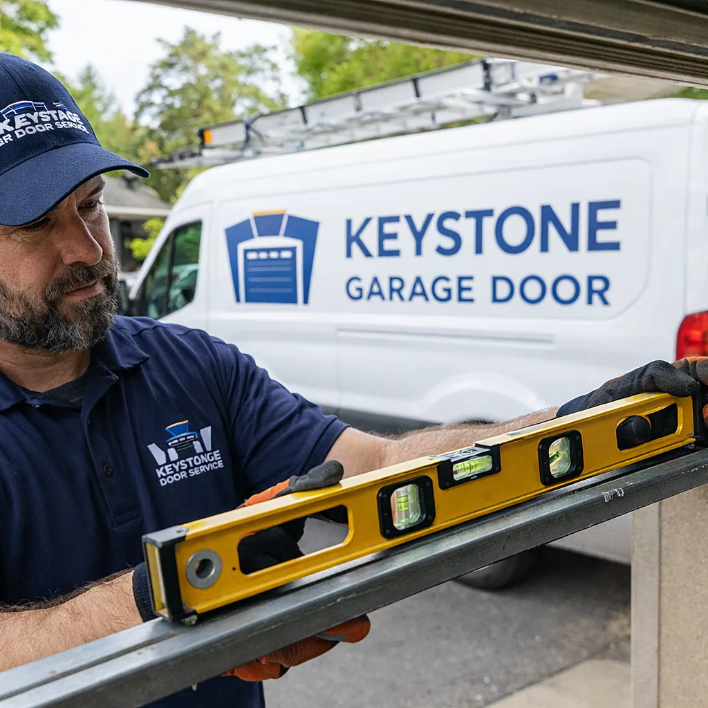 A technician using a level to check the balance of a garage door track during a tune-up inspection.
