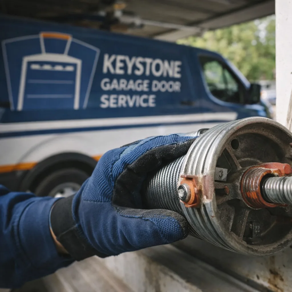 Close-up of a technician's gloved hand inspecting the cable drum and winding cone at the end of a torsion spring shaft, garage interior visible in the background.