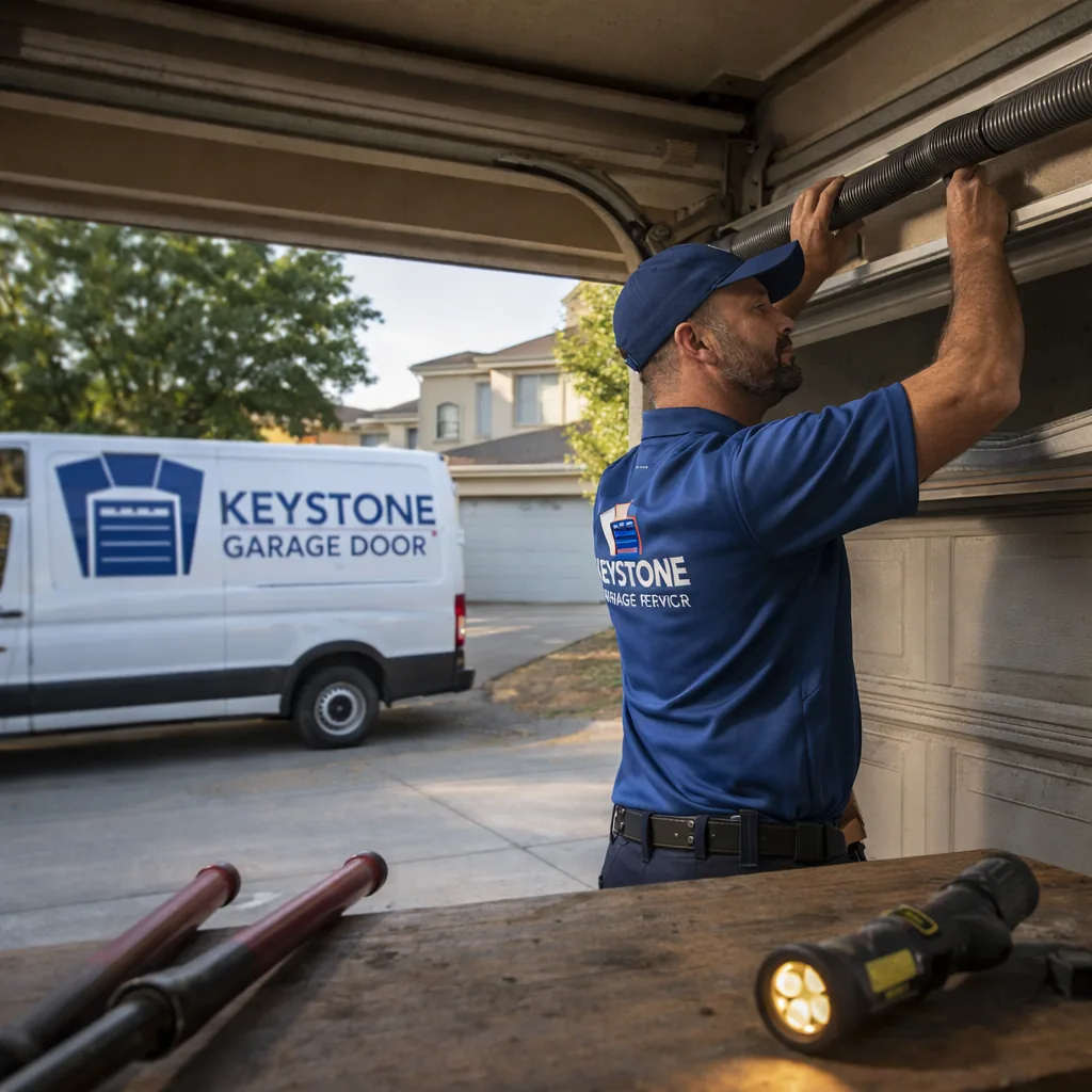 A Keystone technician in a branded uniform inspecting a wound torsion spring above an open residential garage door in a Sacramento driveway, winding bars and a flashlight visible on the workbench.