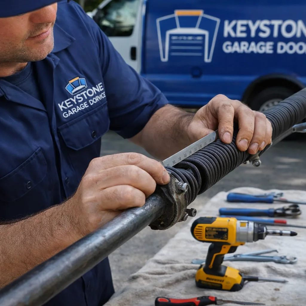 Close-up of a Keystone technician's hands checking the gap between coils on a torsion spring, tools laid out on a drop cloth below.