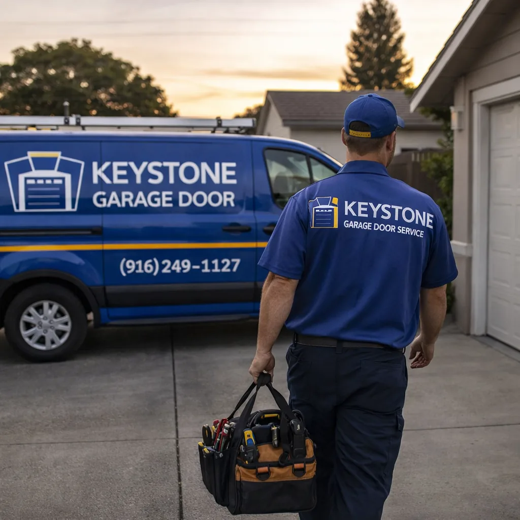 A Keystone technician arriving at a Sacramento home in the early morning light, tool bag in hand, ready to start a repair.
