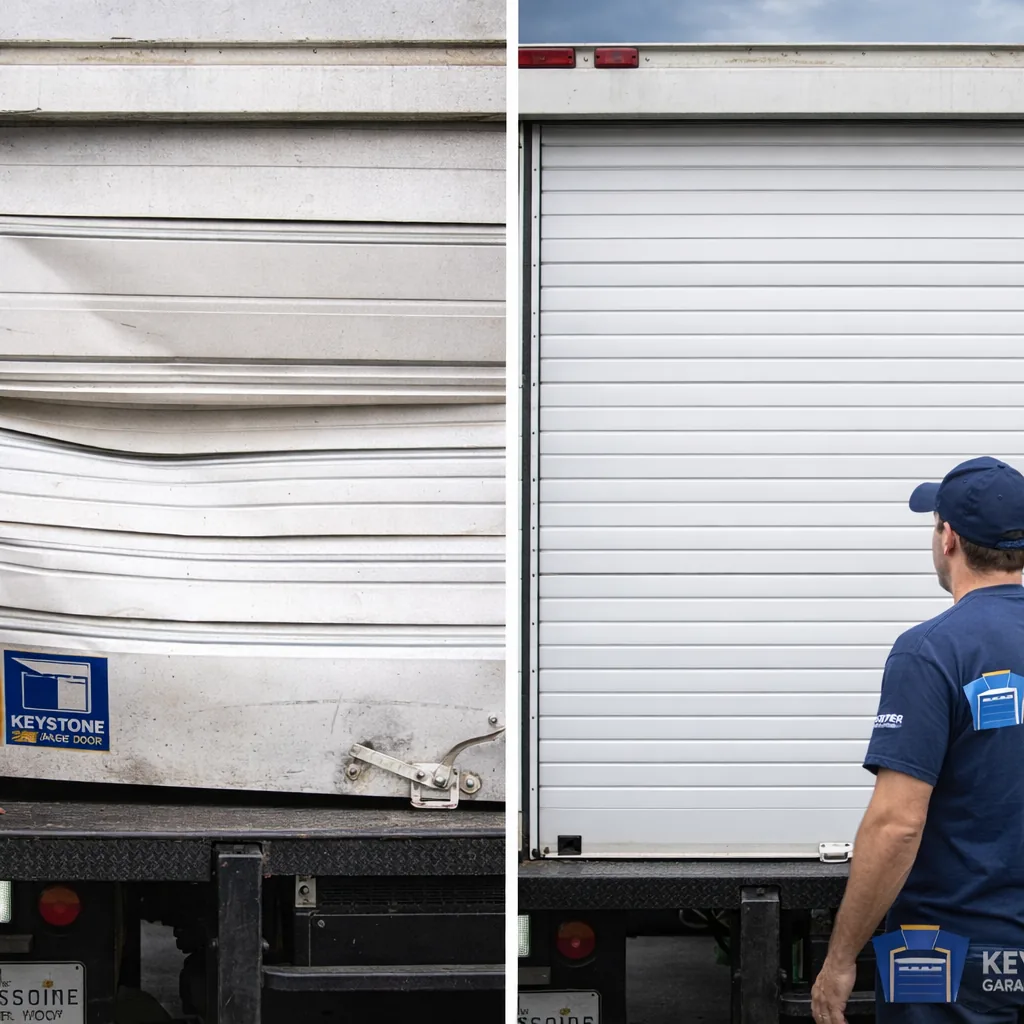 Side-by-side of a box truck roll-up door before repair (bent slat, curtain jammed on the track) and after repair (curtain rolling smoothly and fully seated).