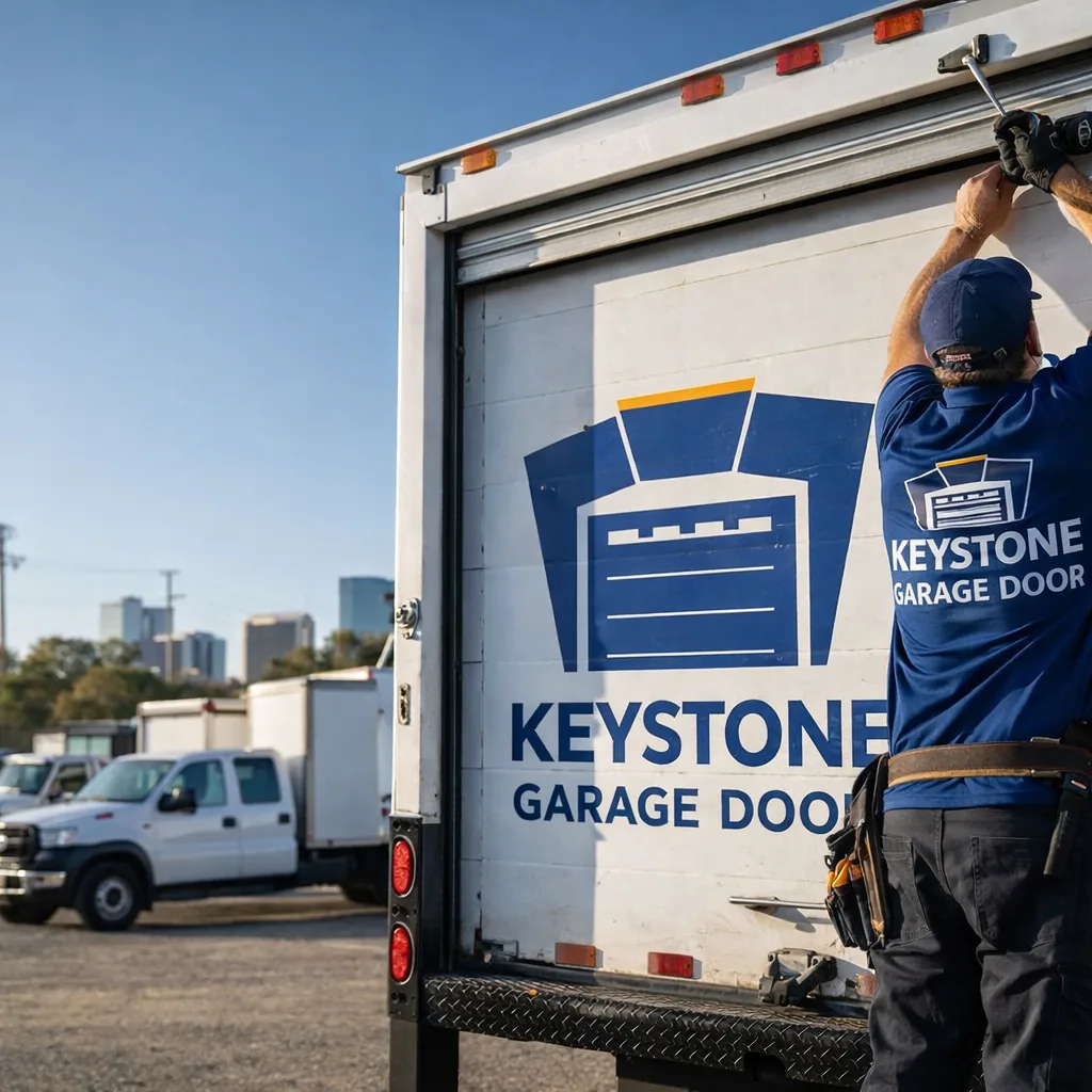 A Keystone technician repairing the roll-up door curtain on the back of a box truck parked at a Sacramento fleet yard.