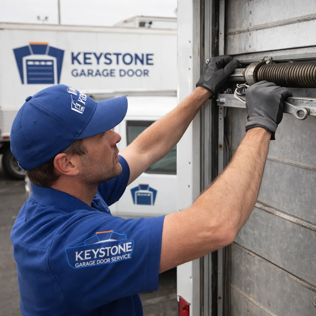 A technician inspecting the spring tension assembly and guide track on a box truck roll-up door at a fleet yard.